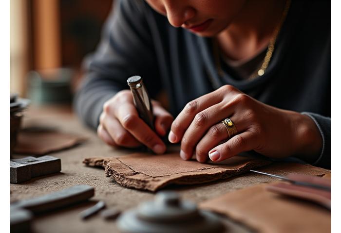 Perajin kulit sedang memahat kulit dengan teliti di bengkel tradisional.