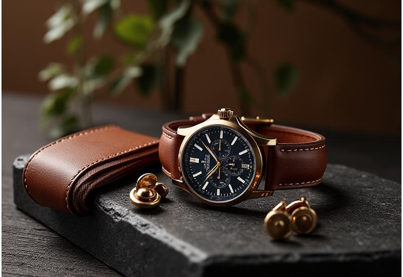 Koleksi jam tangan, tas kulit, dan cufflinks mewah dari merek lokal.