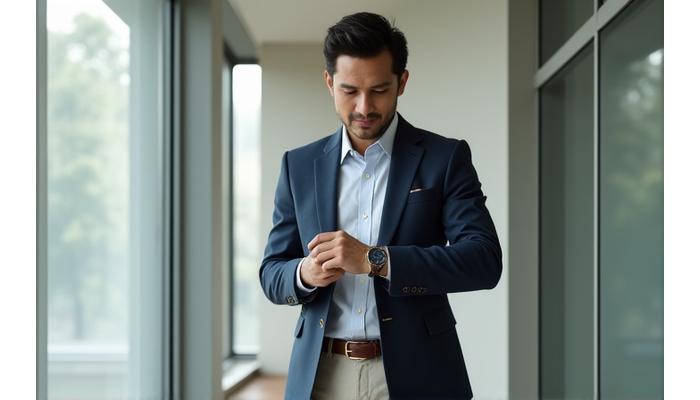 Seorang pria dalam pakaian smart casual dengan jam tangan dan gelang yang serasi.