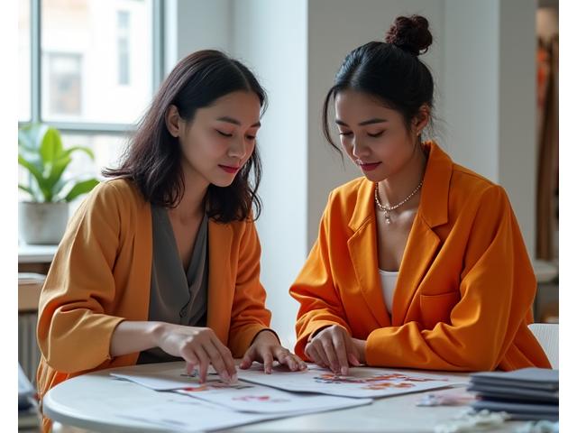 Dua perancang busana berdiskusi di studio