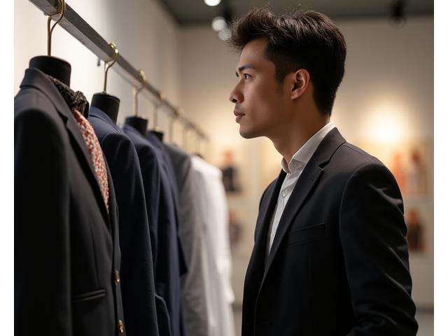 Pria elegant mengenakan setelan terbaru di galeri