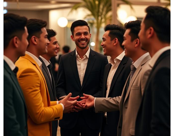 Sekelompok pria berpenampilan stylish berinteraksi di acara sosial