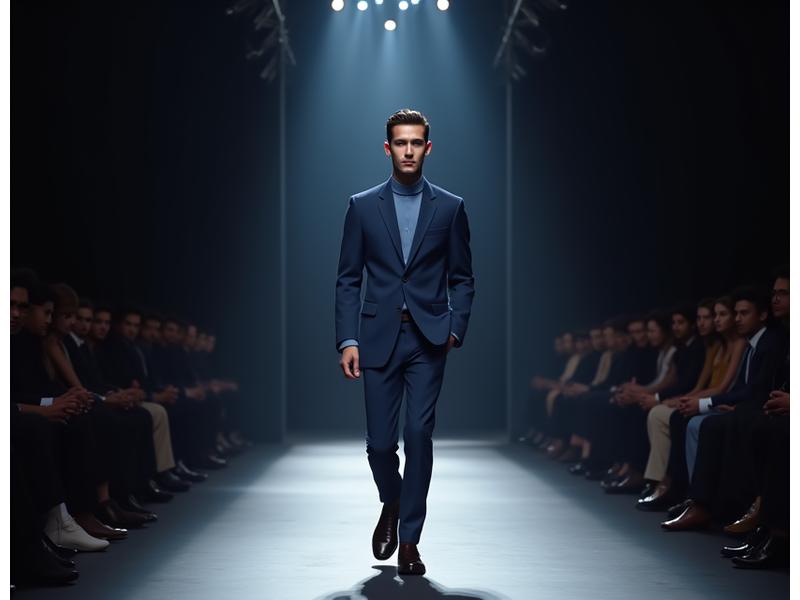 Model pria berjalan di panggung fashion show terang benderang