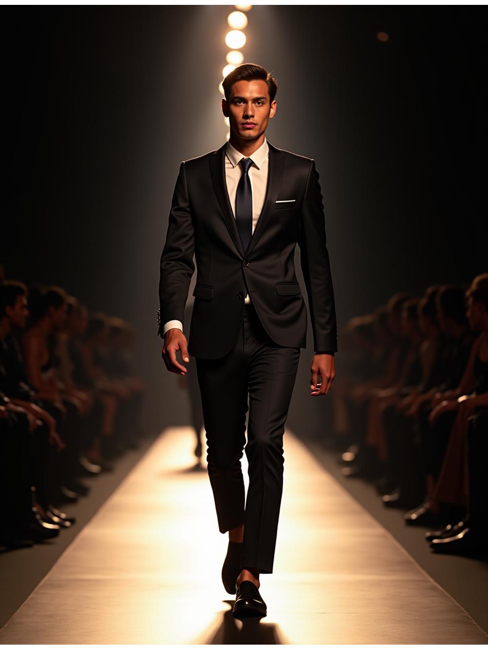 Model berjalan elegan di runway dengan pencahayaan dramatis