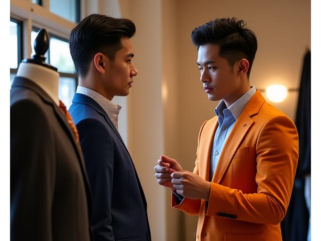 Seorang stylist menjelaskan pakaian kepada klien pria
