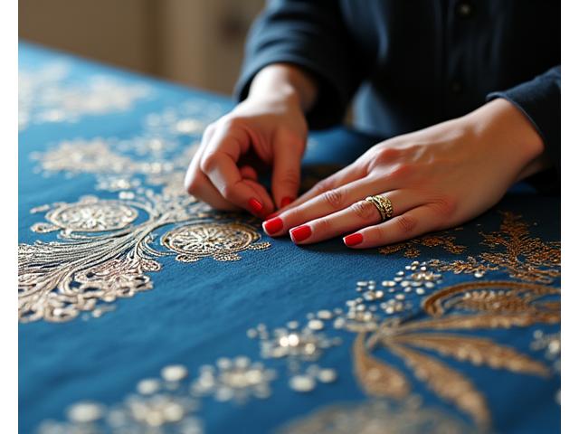 Perancang tekstil menata bahan kain mewah di meja