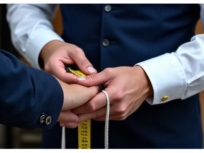 Penjahit mengambil pengukuran tubuh klien dengan presisi menggunakan pita ukur