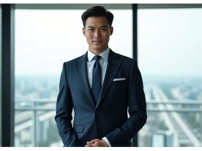 Pria dengan bangga mengenakan setelan bespoke yang pas di studio foto, tersenyum dan percaya diri