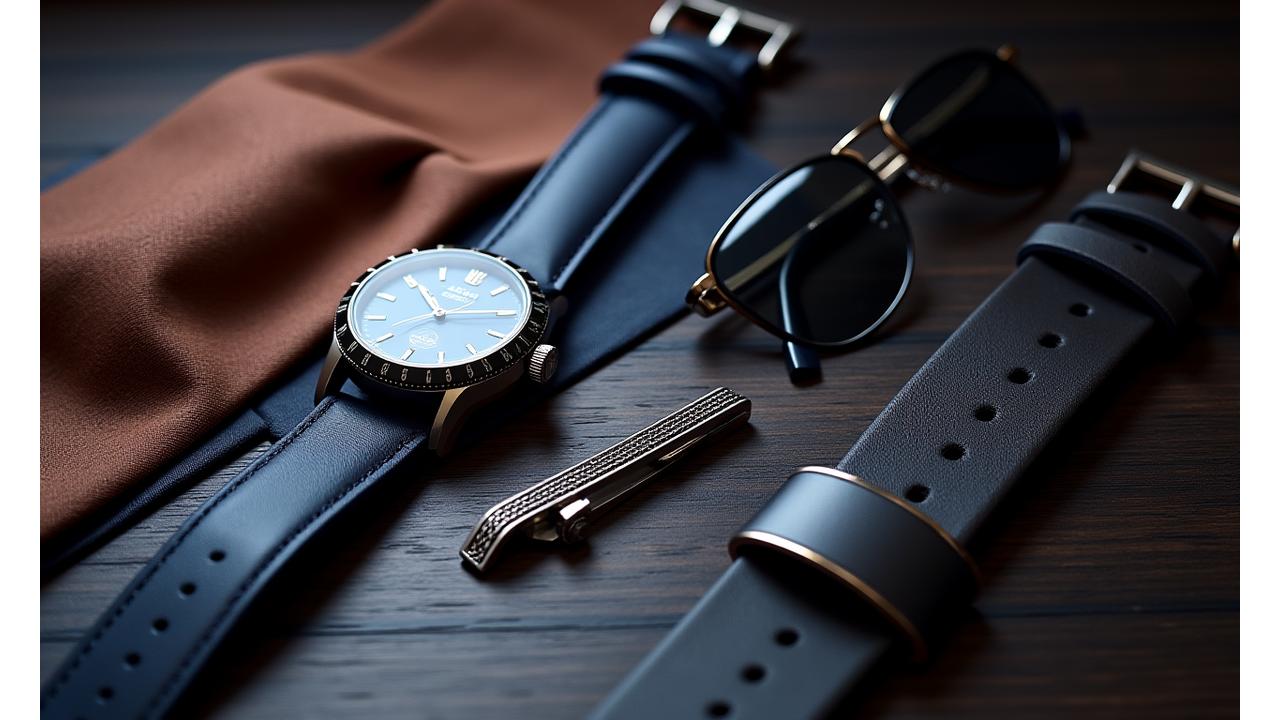 Aksesori pria premium seperti jam tangan analog, dompet kulit, dan kacamata hitam di atas meja