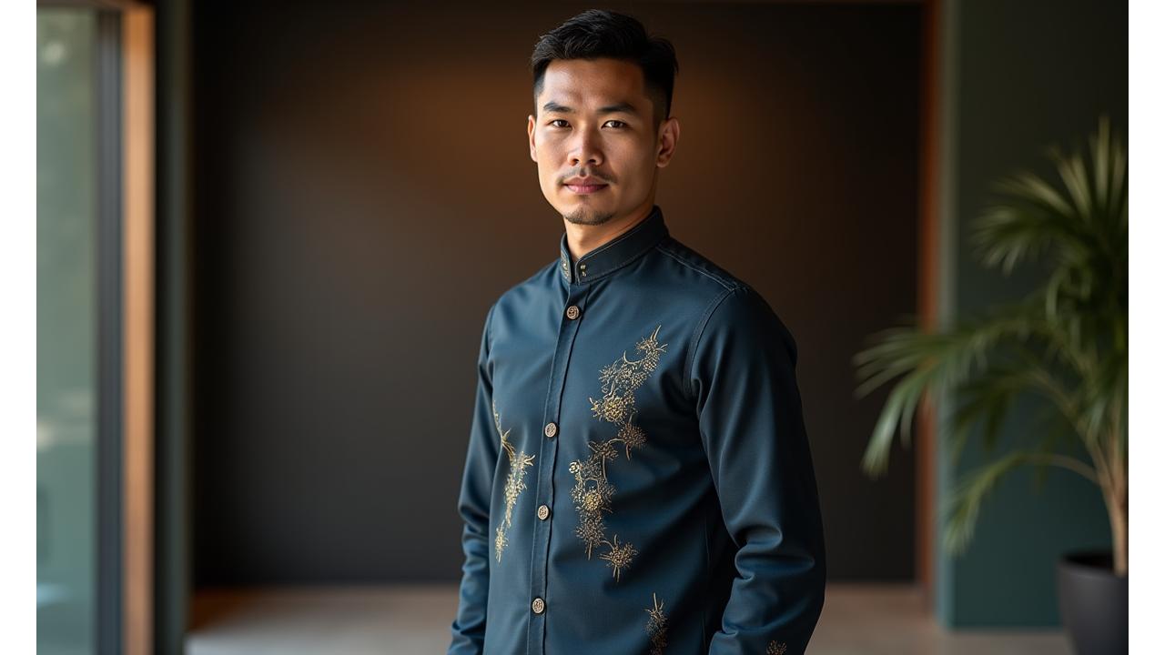 Pria Muslim mengenakan pakaian koko modern yang elegan untuk Idul Fitri