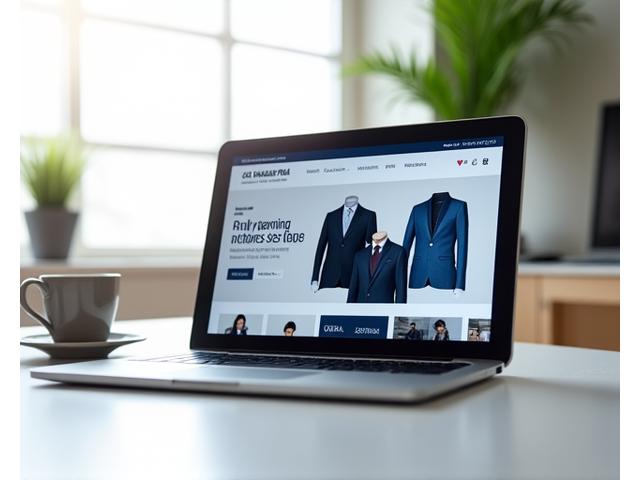 Tampilan website e-commerce Gaya Busana Pria di laptop dengan pakaian pria ditampilkan