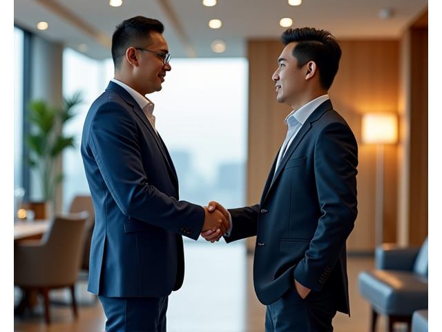Dua pria berjabat tangan di ruang kantor yang elegan, salah satunya mengenakan setelan bisnis