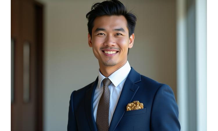 Pria yang sama dengan setelan jas rapi dan gaya rambut baru setelah penataan gaya