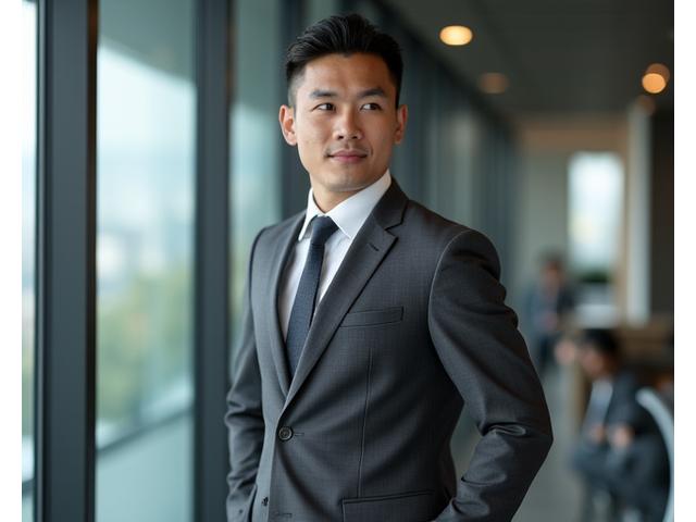 Pria mengenakan jas bisnis bespoke abu-abu di lingkungan kantor.