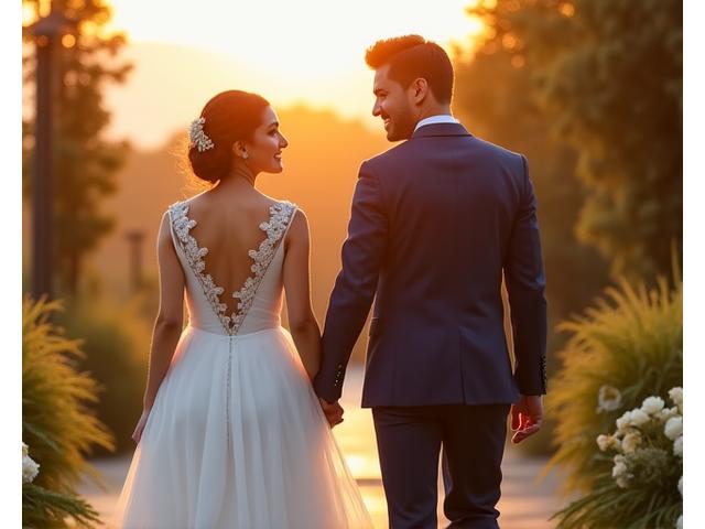 Jas pernikahan bespoke berwarna biru gelap dengan pasangan bahagia.
