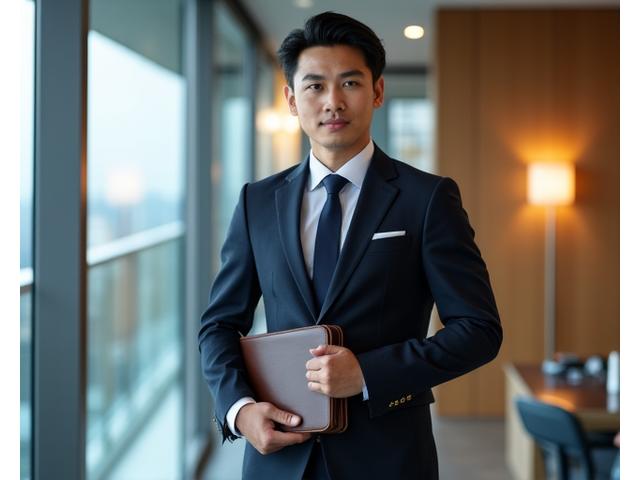 Pria profesional dalam setelan jas rapi berpegangan pada folder, menunjukkan gaya eksekutif
