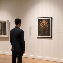 Pria mengagumi seni di galeri, busana casual yang cerdas dan artistik.