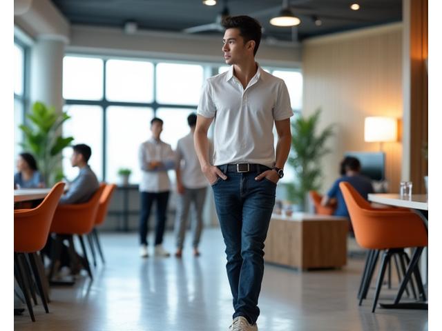 Pria di kantor kreatif dengan outfit smart casual yang nyaman dan stylish.
