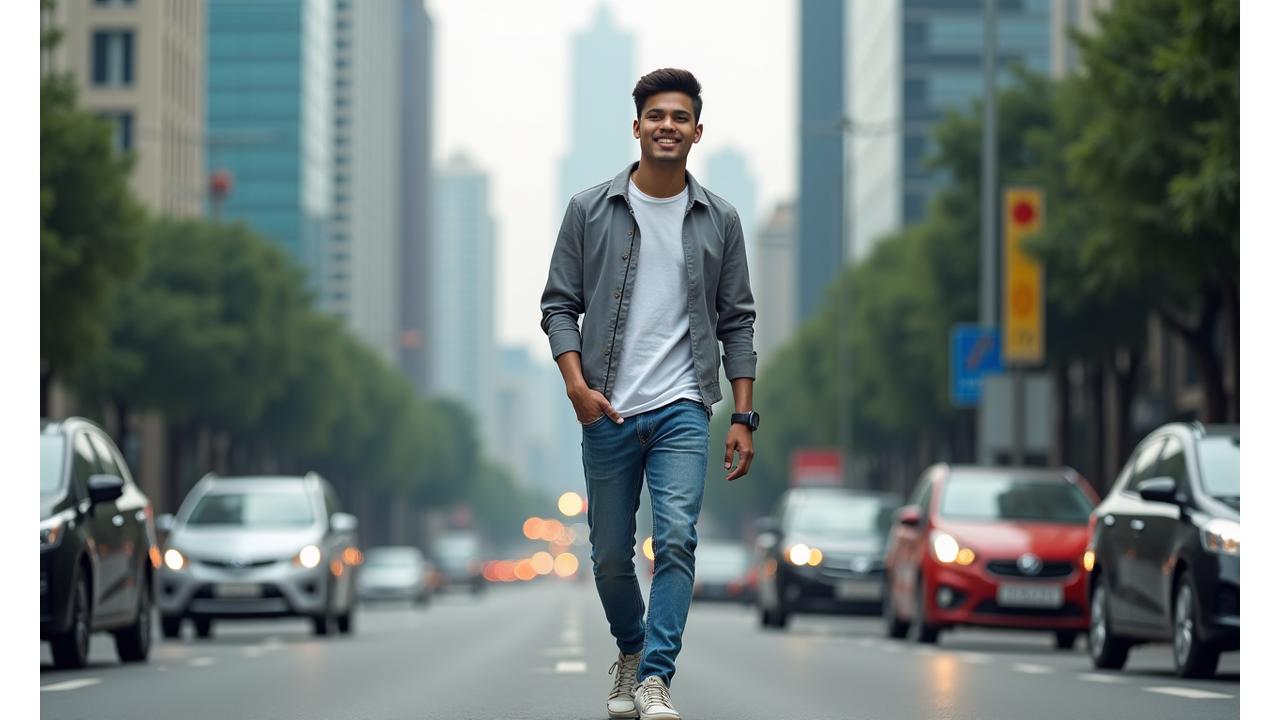Pria urban modern berjalan santai di pusat kota Jakarta, menunjukkan gaya casual yang stylish.