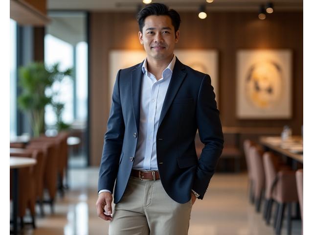 Pria bergaya smart casual elegan dalam outfit blazer, kemeja, dan celana chino yang serasi.
