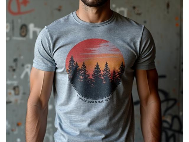 Pria mengenakan kaus grafis stylish dengan desain urban, detail tekstur.