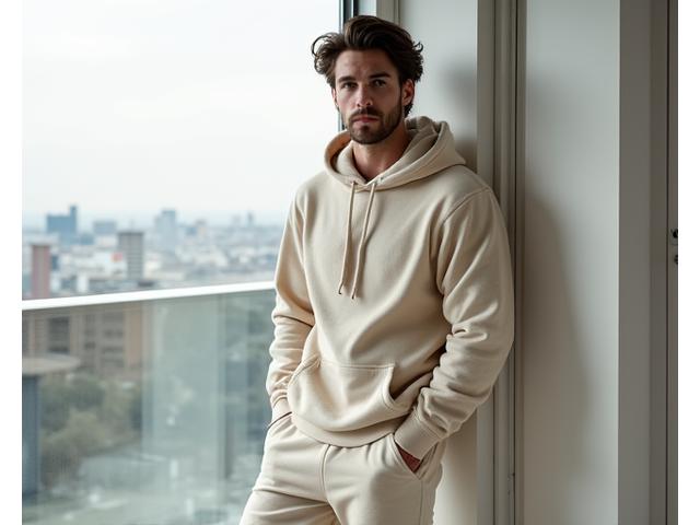 Model mengenakan hoodie dan jogger set premium yang nyaman dan stylish.