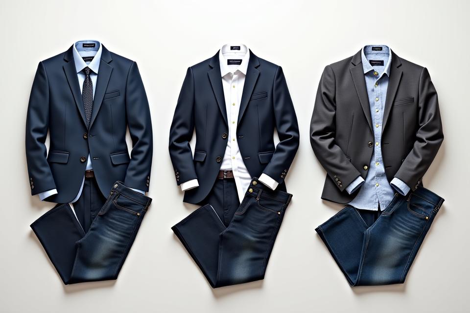 Berbagai contoh pakaian pria untuk business casual, business formal, dan black tie, disajikan dalam tampilan grid yang rapi.