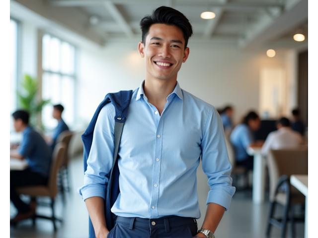 Pria muda mengenakan kemeja formal dan celana chino rapi, ideal untuk fresh graduate memulai karir profesional.