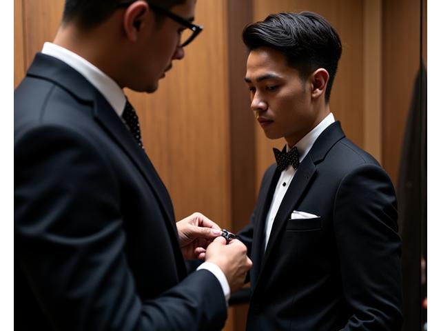 Seorang stylist sedang menyesuaikan kerah jas seorang eksekutif di kantor mewah.