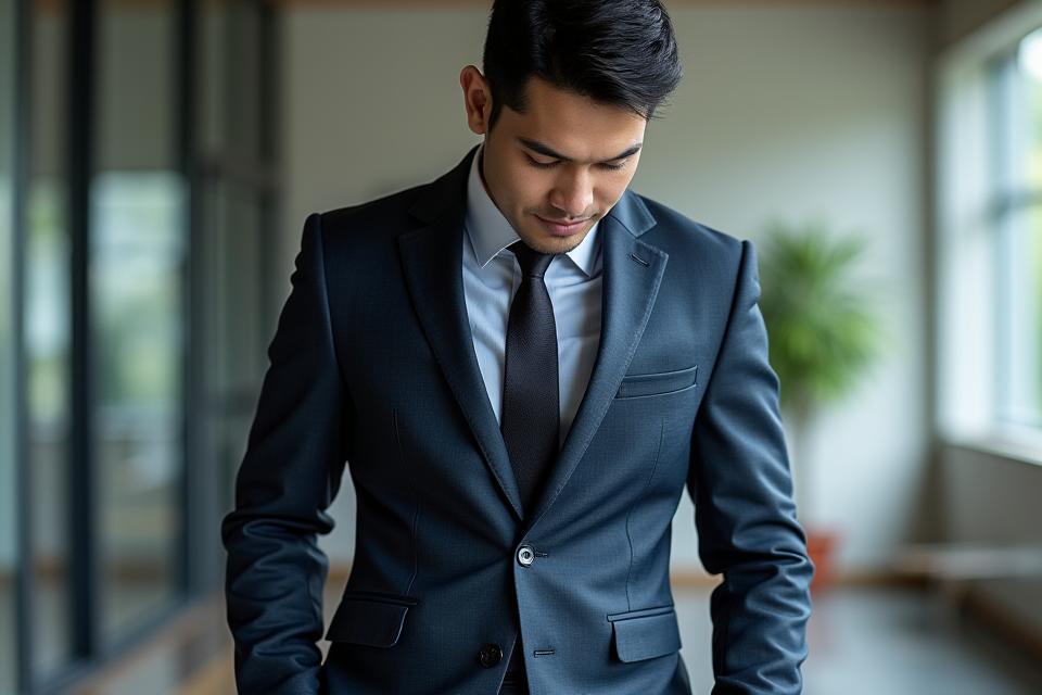 Pria sedang bergerak bebas dalam setelan jas, menunjukkan kelenturan kain dan konstruksi yang nyaman, dengan detail close-up pada bahan bertekstur.