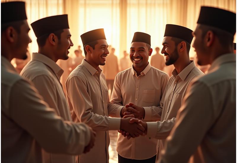 Sekelompok pria muslim Indonesia berbagai usia dan latar belakang berinteraksi dengan gembira di sebuah acara komunitas Islam, berbagi tawa dan diskusi, mencerminkan persaudaraan dan nilai-nilai positif.