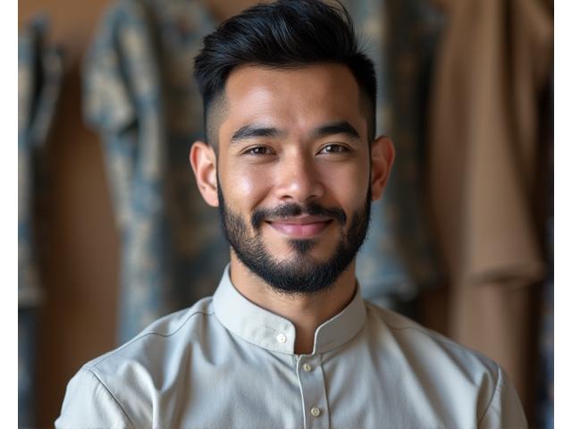 Potret close-up seorang desainer muda muslim Indonesia berjanggut rapi, mengenakan kemeja stylish, tersenyum bangga di tengah butik dengan contoh kain dan sketsa desain di belakangnya.