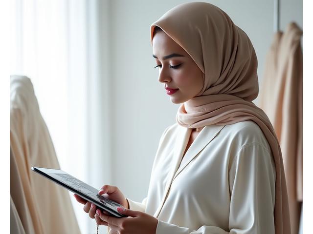 Potret close-up seorang desainer wanita muslim Indonesia berhijab, memegang tablet desain, menunjukkan fokus dan kreativitas dalam studio modern yang terang.