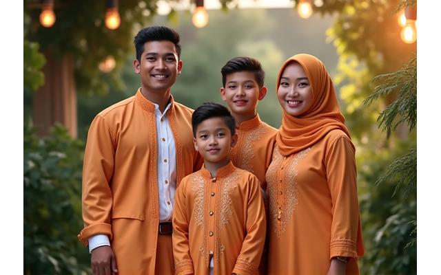 Keluarga muslim bahagia berpose bersama di hari Idul Fitri, semua anggota keluarga pria mengenakan baju koko terbaru dari koleksi Idul Fitri Gaya Busana Pria yang serasi dan elegan.