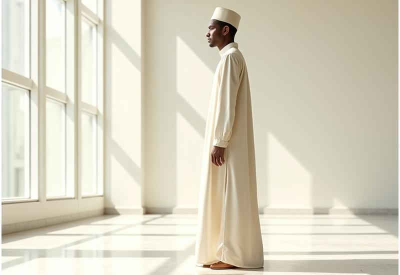 Pria Muslim tinggi mengenakan gamis modern berwarna krim, berdiri di ruangan terang dengan cahaya alami masuk melalui jendela besar.