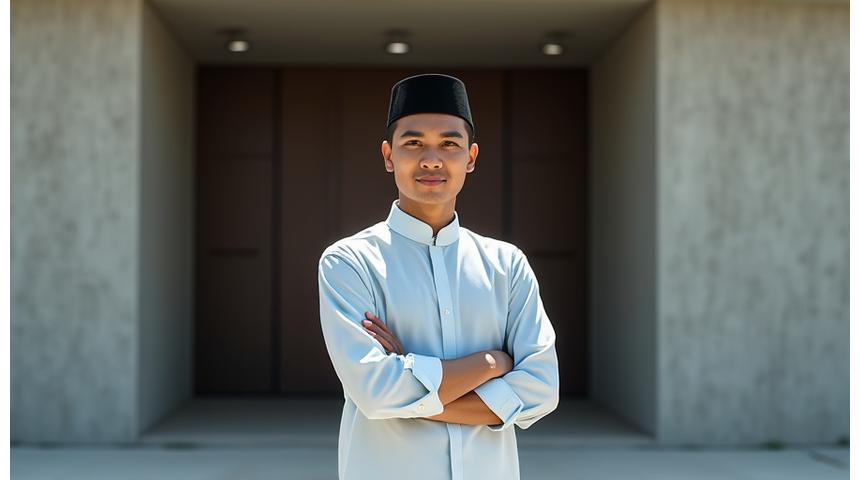 Seorang pria muslim modern berwibawa mengenakan busana koko kontemporer dengan latar belakang arsitektur Islam yang elemennya minimalis dan modern.