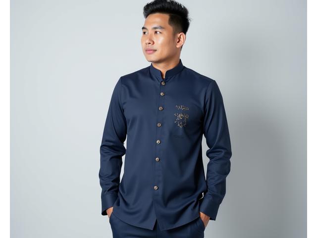 Pria mengenakan baju koko modern slim-fit berwarna biru gelap dengan motif minimalis, cocok untuk acara semi-formal.