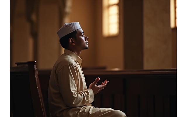 Pria mengenakan baju koko dan sarung sederhana berwarna netral, duduk tenang di masjid saat Ramadan, fokus beribadah.