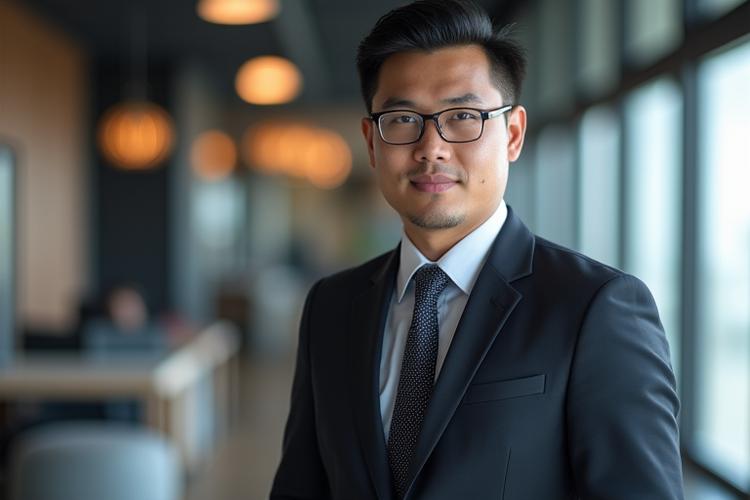 Seorang profesional muslim mengenakan setelan jas dan kemeja koko business-casual di lingkungan kantor modern, tampak percaya diri dan berwibawa.