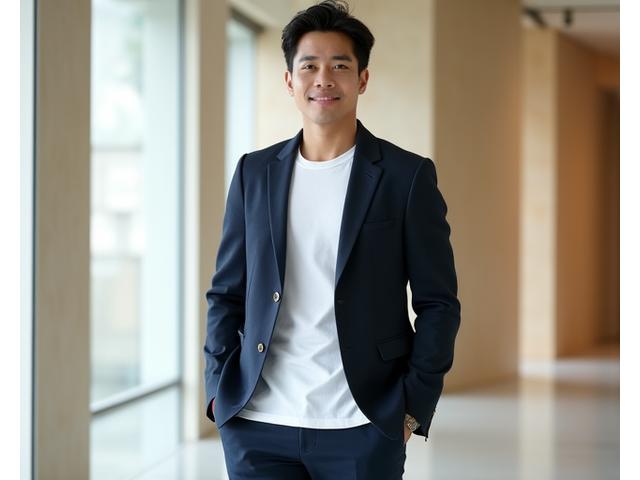 Model mengenakan setelan ready-to-wear Gaya Busana Pria yang elegan dan modern