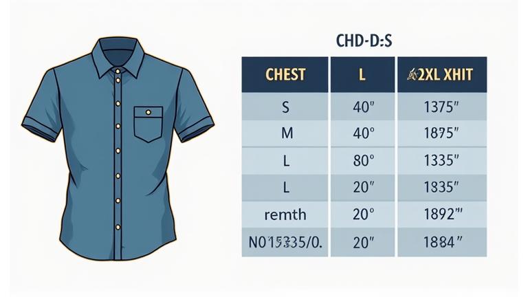 Size chart interaktif untuk kemeja pria mencakup ukuran S, M, L, XL, XXL dengan dimensi dada, lengan, dan panjang.
