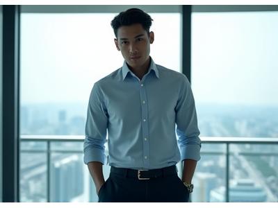 Model pria mengenakan kemeja dan celana formal untuk gaya kantor modern