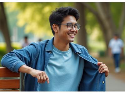 Model pria mengenakan jaket bomber dan t-shirt untuk gaya kasual akhir pekan