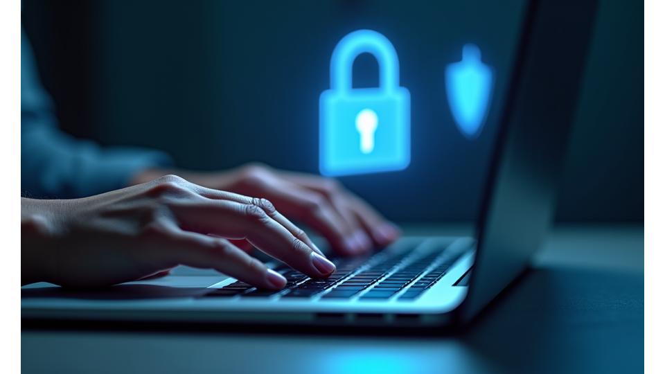 Tangan mengetik di keyboard laptop dengan ikon kunci dan perisai digital yang mengambang, menyimbolkan keamanan akun pengguna