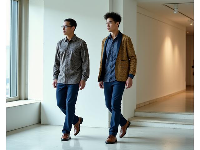 Model mengenakan pakaian dari desainer lokal, siluet modern.