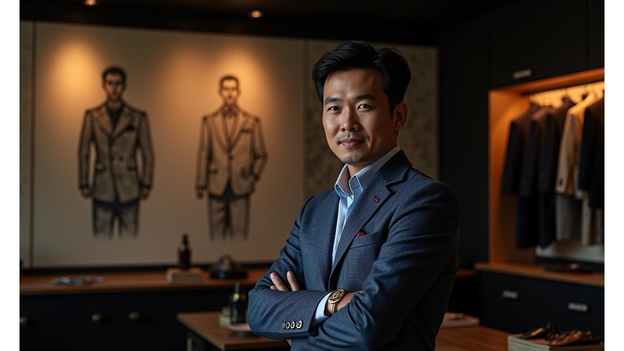 Seorang pendiri Gaya Busana Pria dengan latar belakang sketsa desain fashion dan rak pakaian bergaya